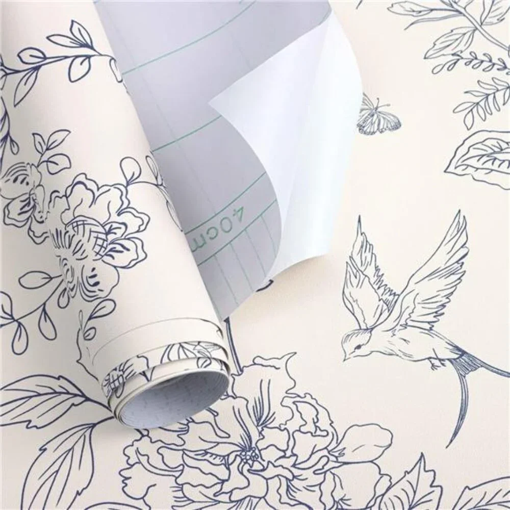 Cream White and Blue Floral Wallpaper Peel and Stick Wallpaper 17.7
